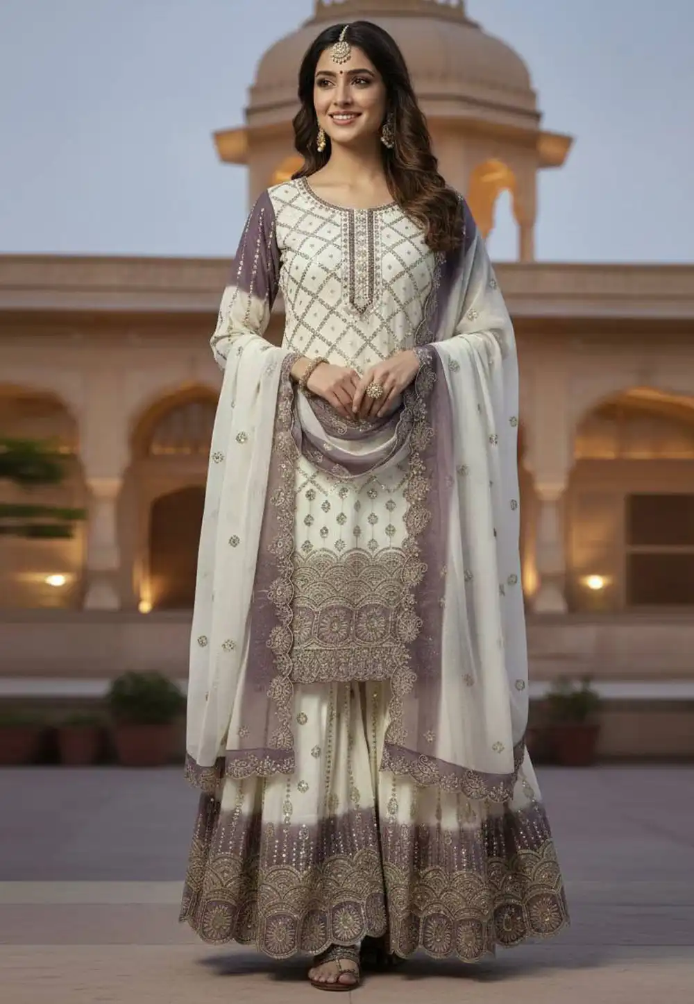 Cream Georgette Readymade Sharara Suit 324179