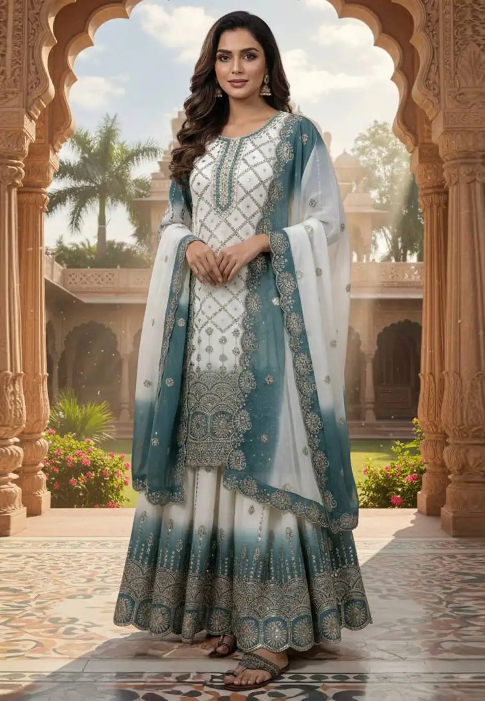 Cream Georgette Readymade Sharara Suit 324181