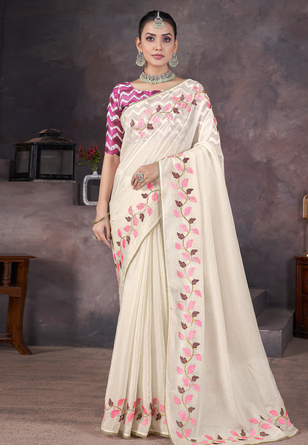 Cream Georgette Saree With Blouse 312310