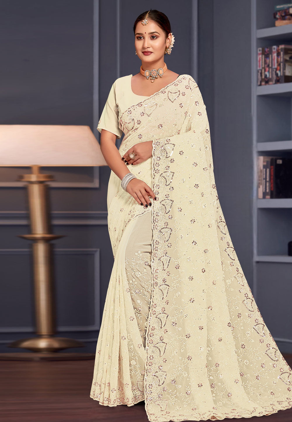 Cream Georgette Saree With Blouse 307752