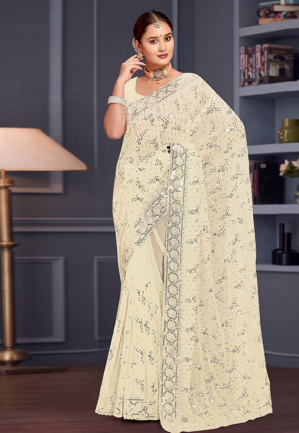 Cream Georgette Saree With Blouse 307756