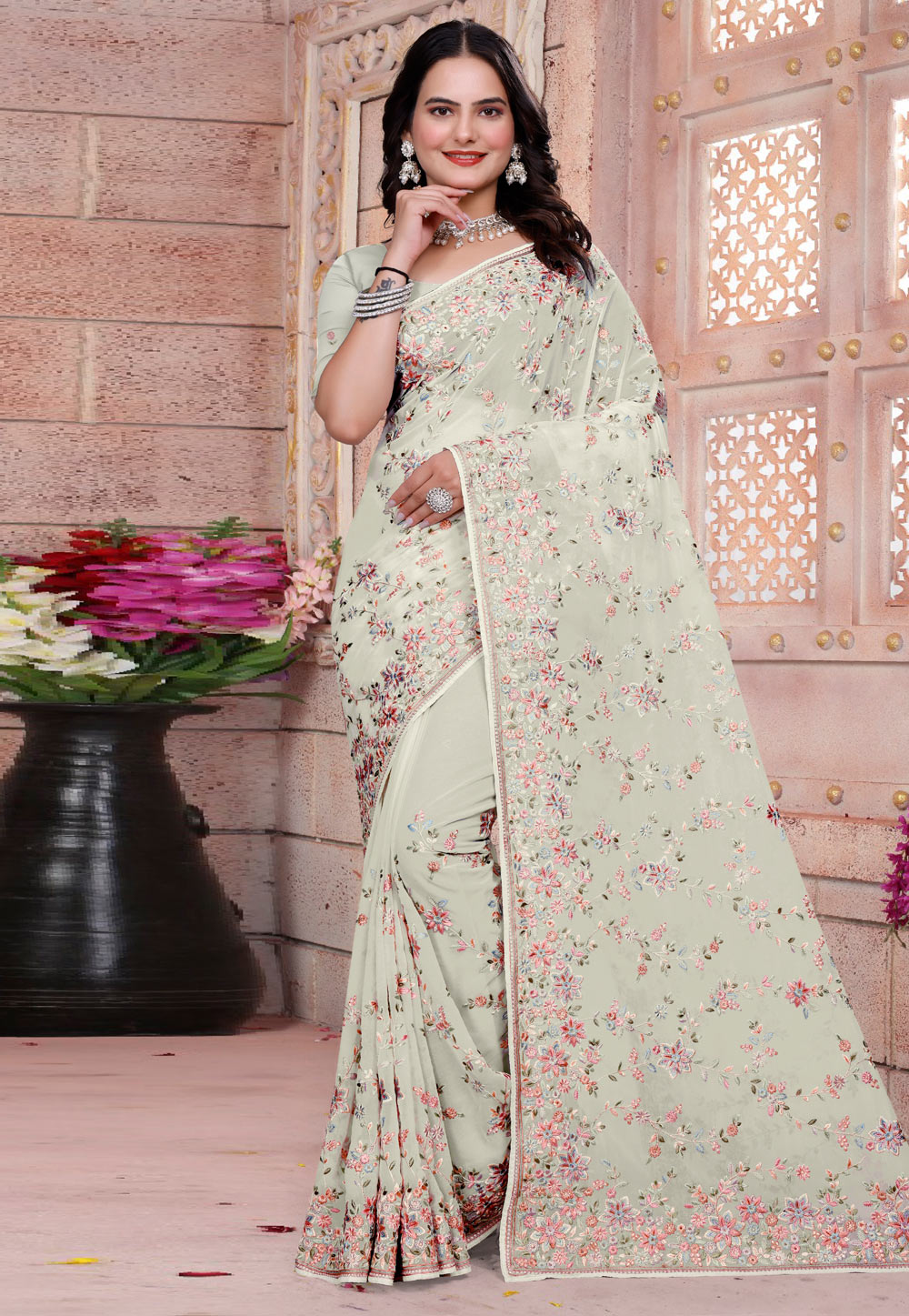 Cream Georgette Saree With Blouse 307766