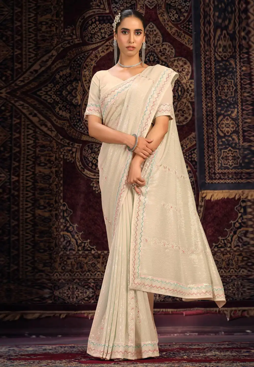 Cream Georgette Saree With Blouse 287559