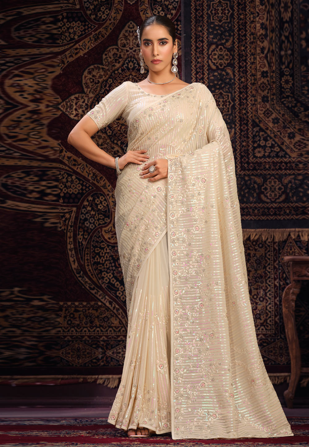 Cream Georgette Sequence Saree 287552