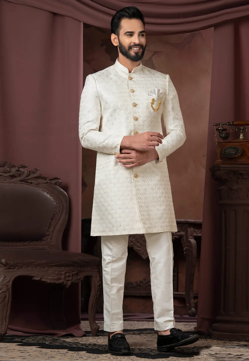 Cream Jacquard Indo Western Sherwani 302457