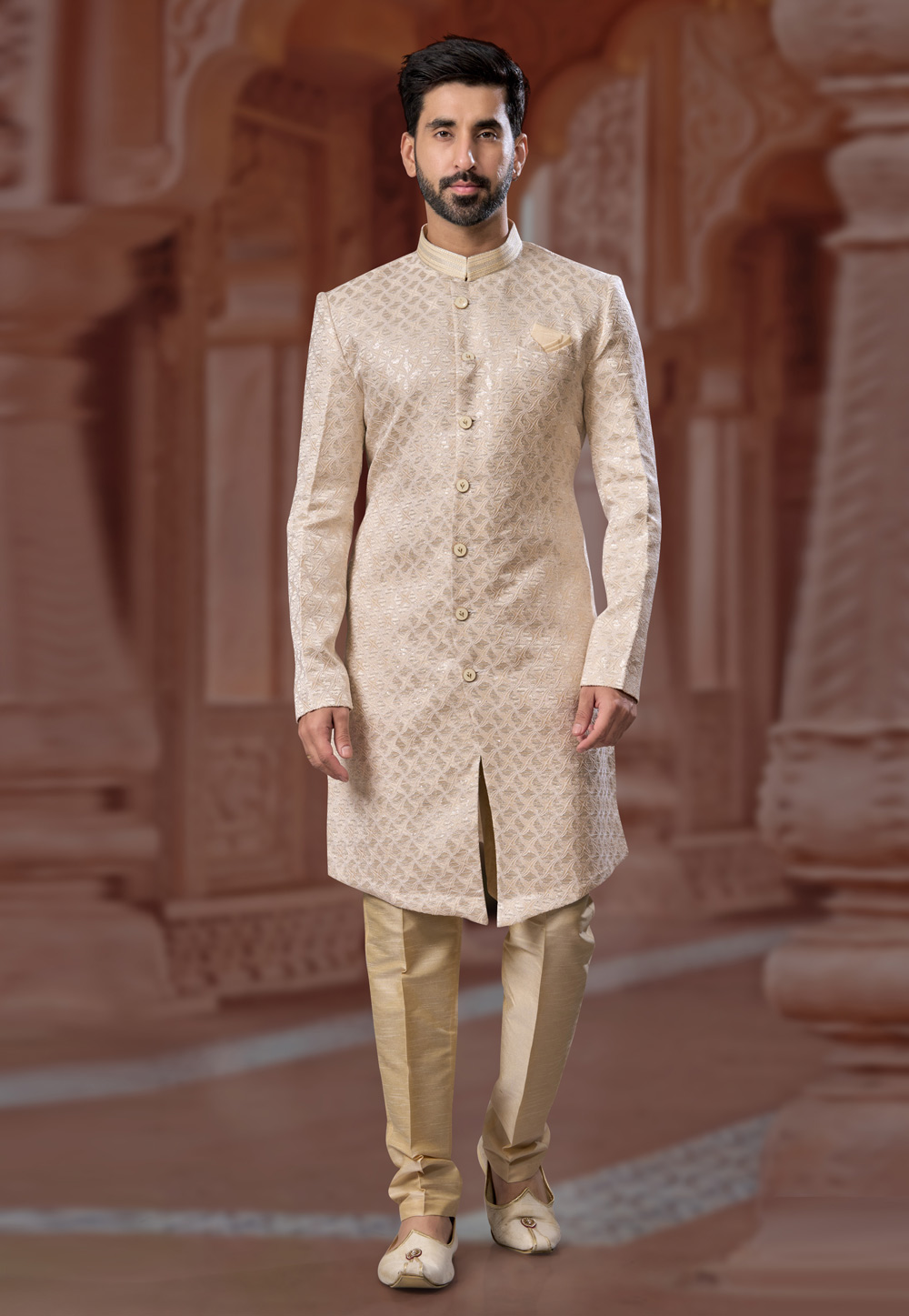Cream Jacquard Indo Western Sherwani 282232
