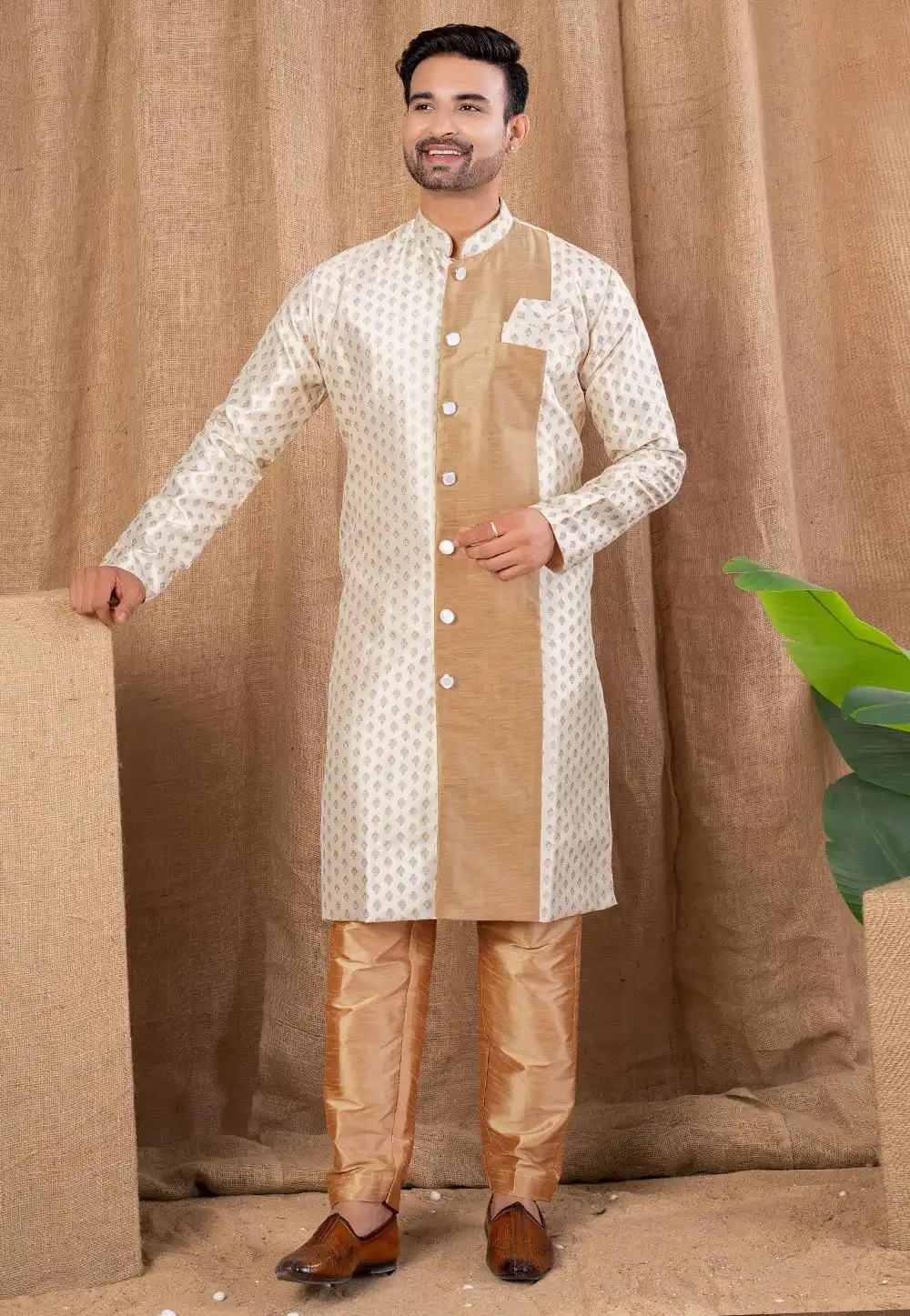 Cream Jacquard Indo Western Suit 316465