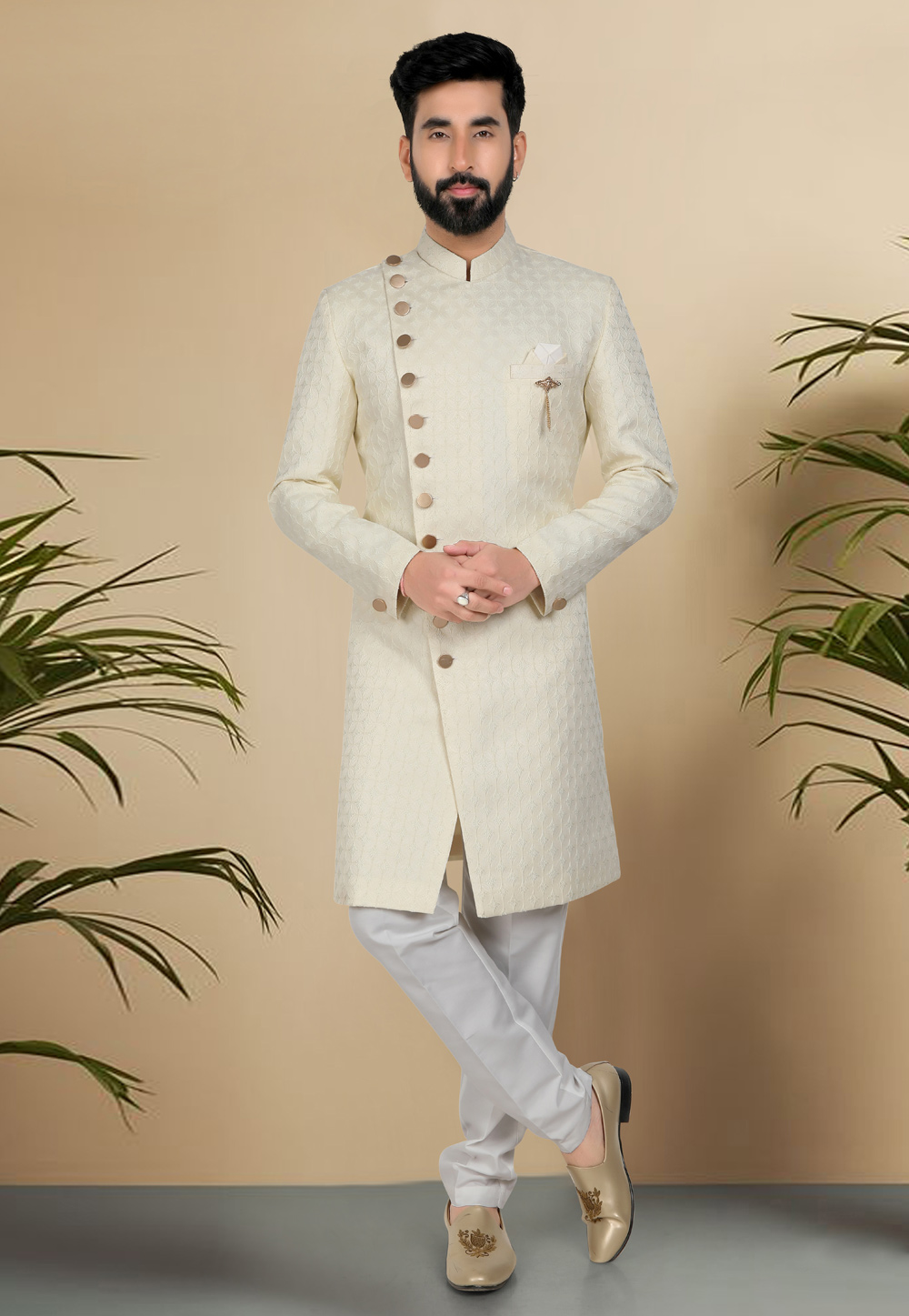 Cream Jacquard Indo Western Suit 313070