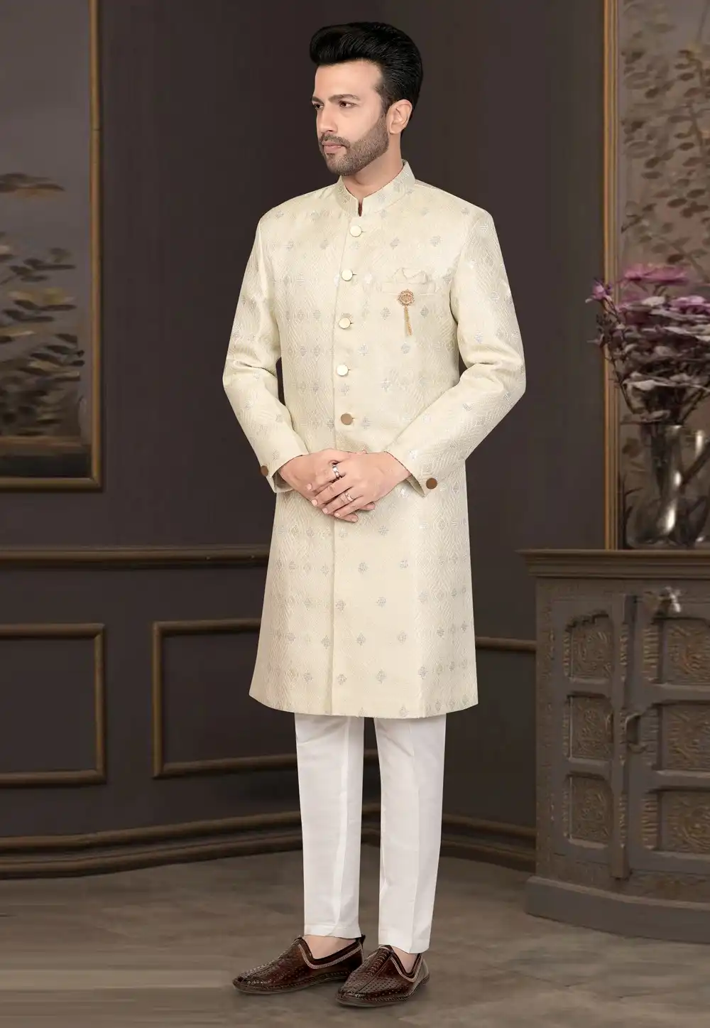 Cream Jacquard Indo Western Suit 316111