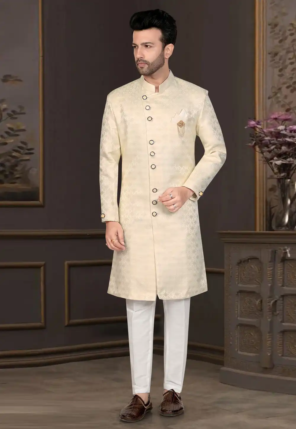 Cream Jacquard Indo Western Suit 316120