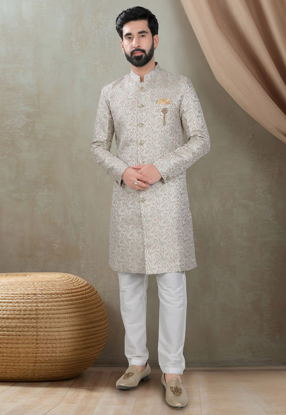 Cream Jacquard Indo Western Suit 311736