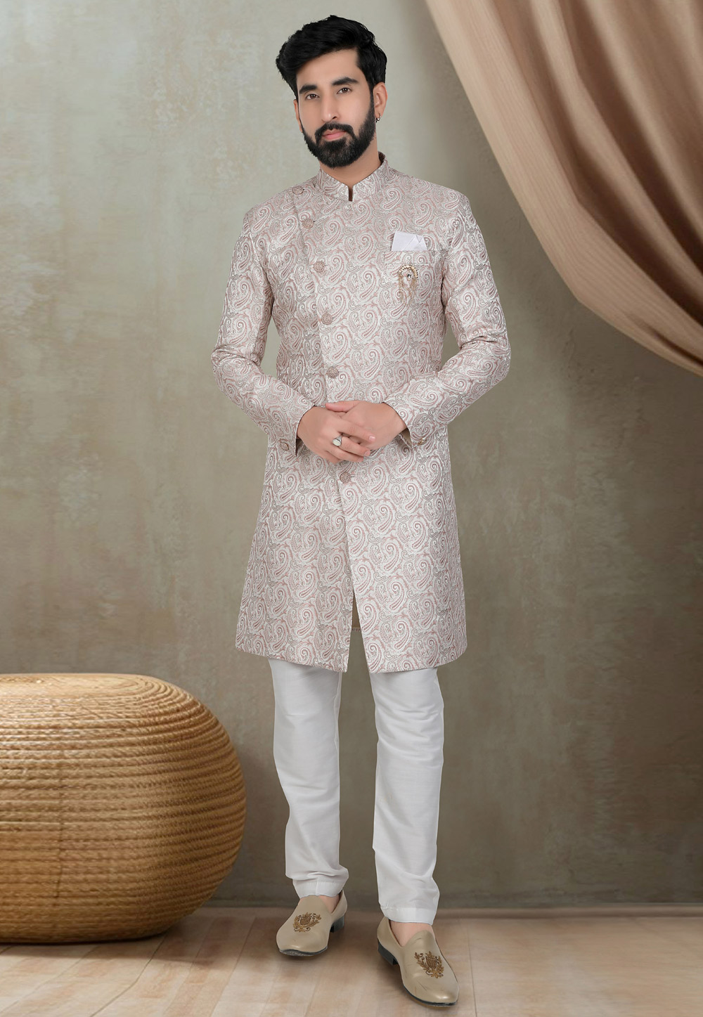 Cream Jacquard Indo Western Suit 311761