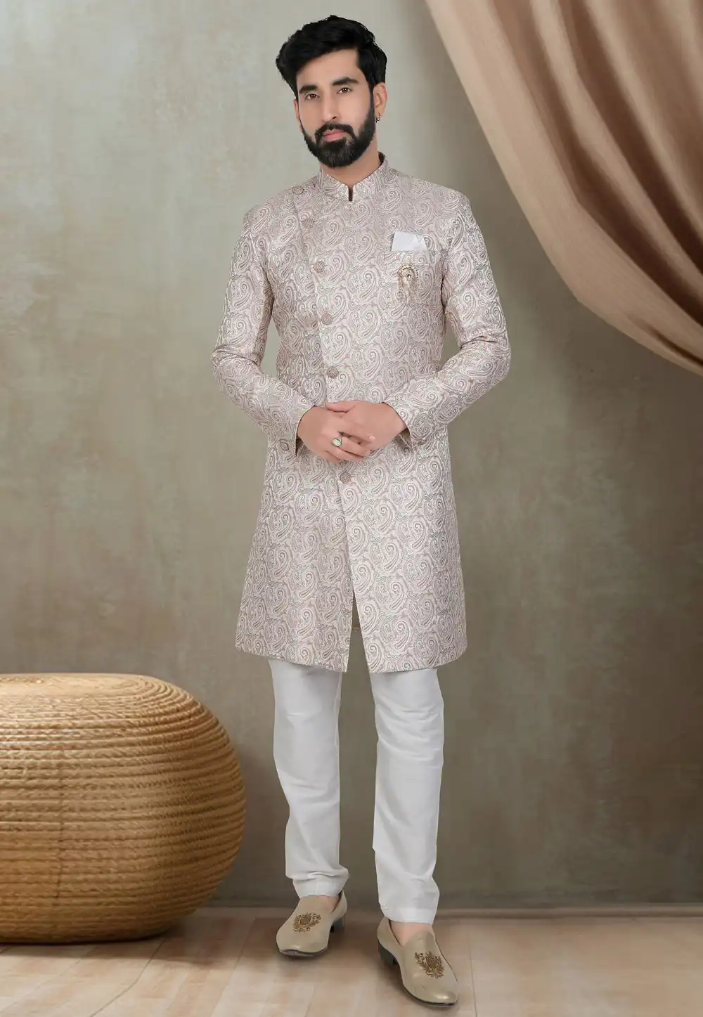 Cream Jacquard Indo Western Suit 311761