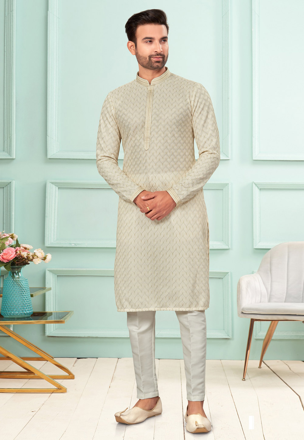 Cream Jacquard Kurta Pajama 283881