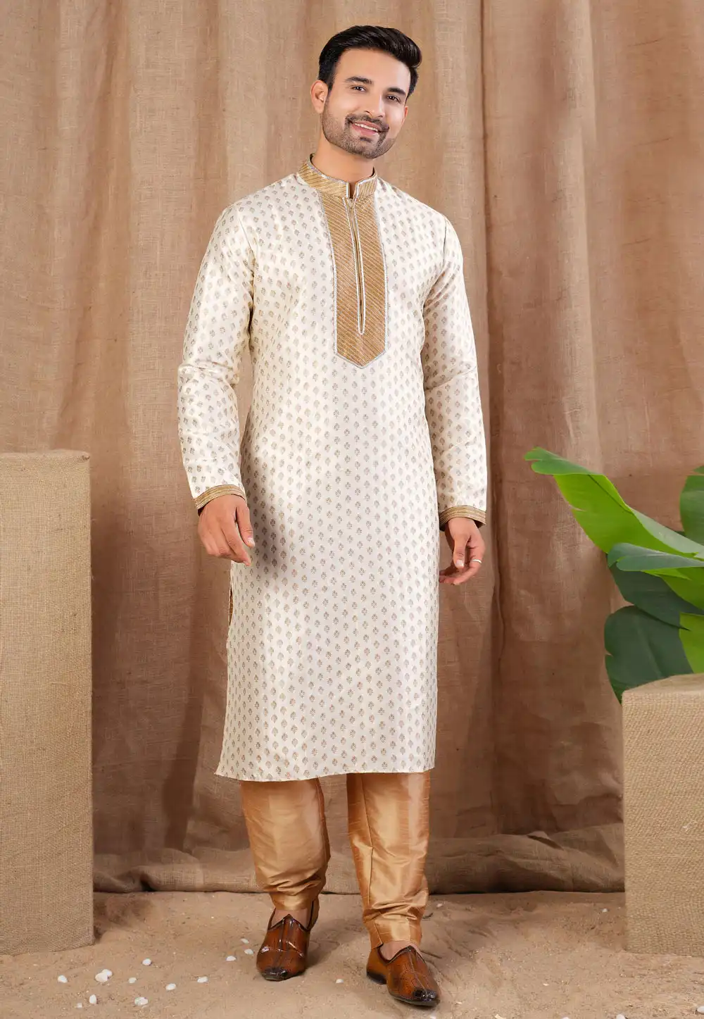 Cream Jacquard Kurta Pajama 316430