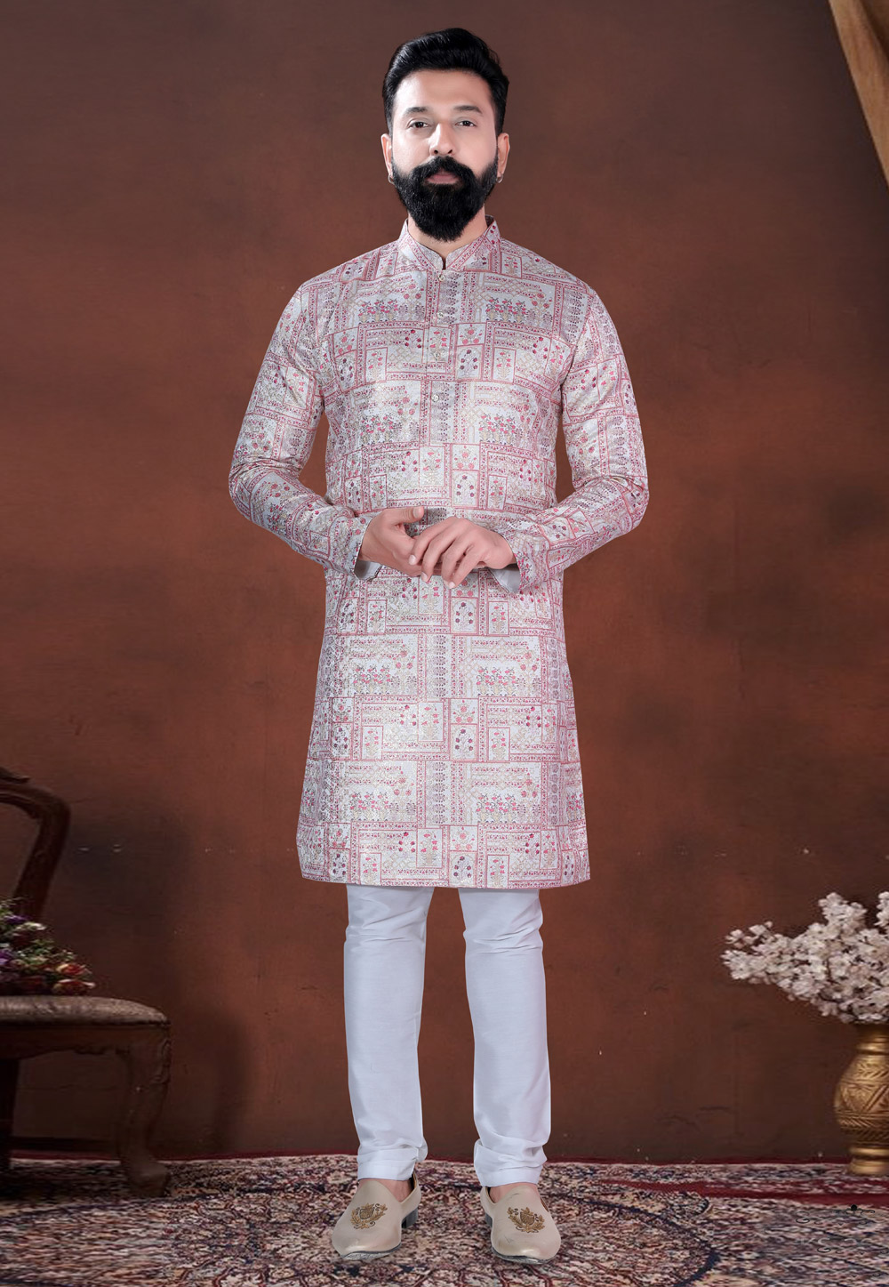 Cream Jacquard Kurta Pajama 318602