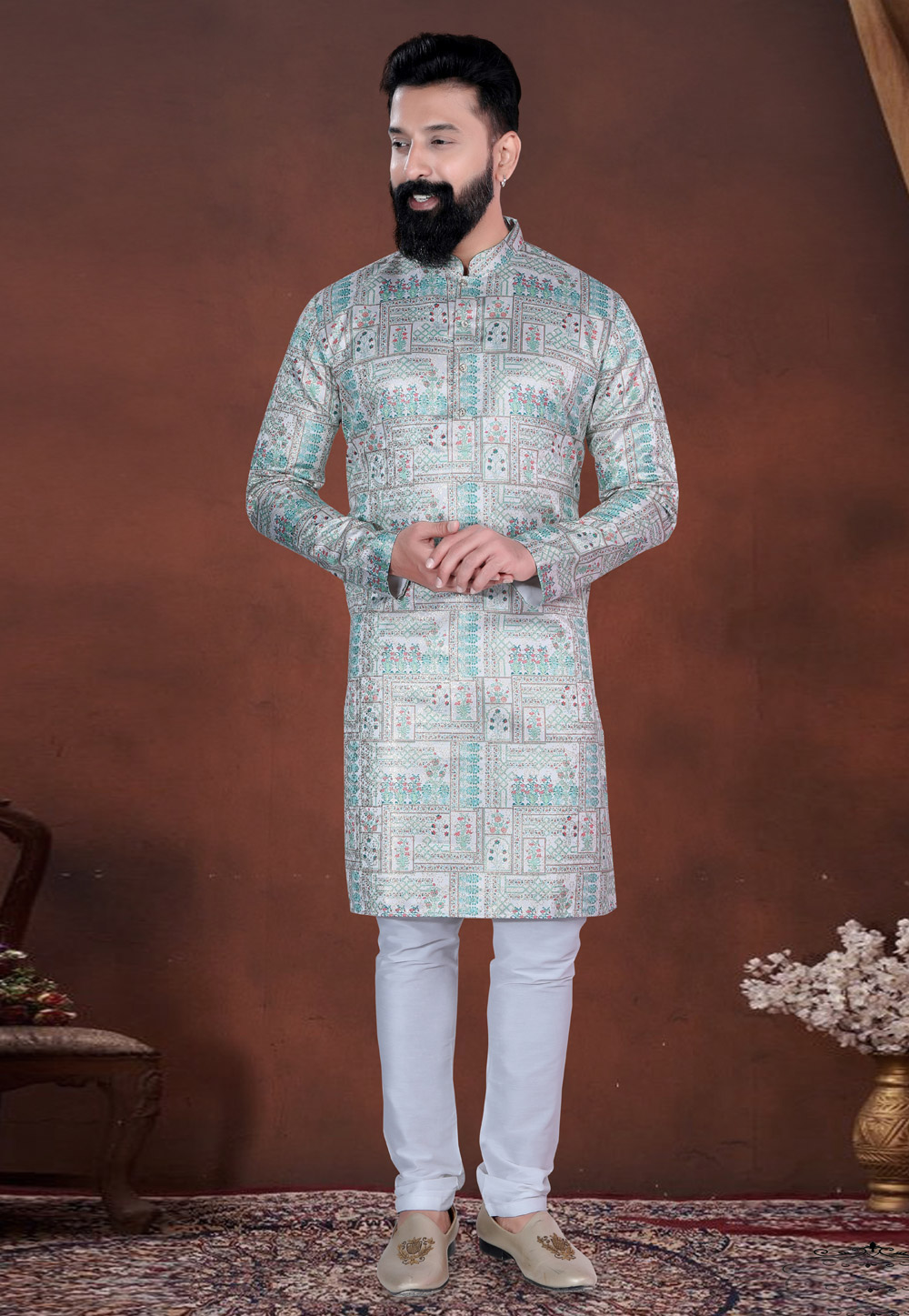 Cream Jacquard Kurta Pajama 318603