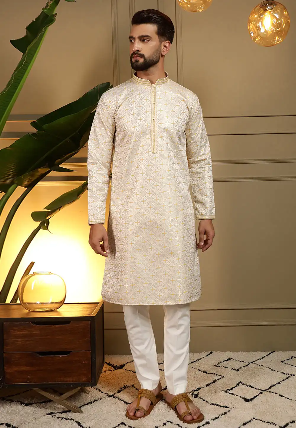 Cream Jacquard Kurta Pajama 322104