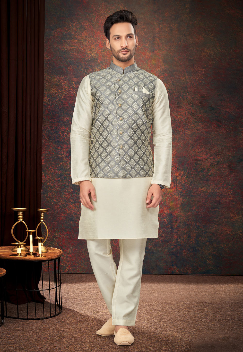 Cream Jacquard Kurta Pajama With Jacket 283996