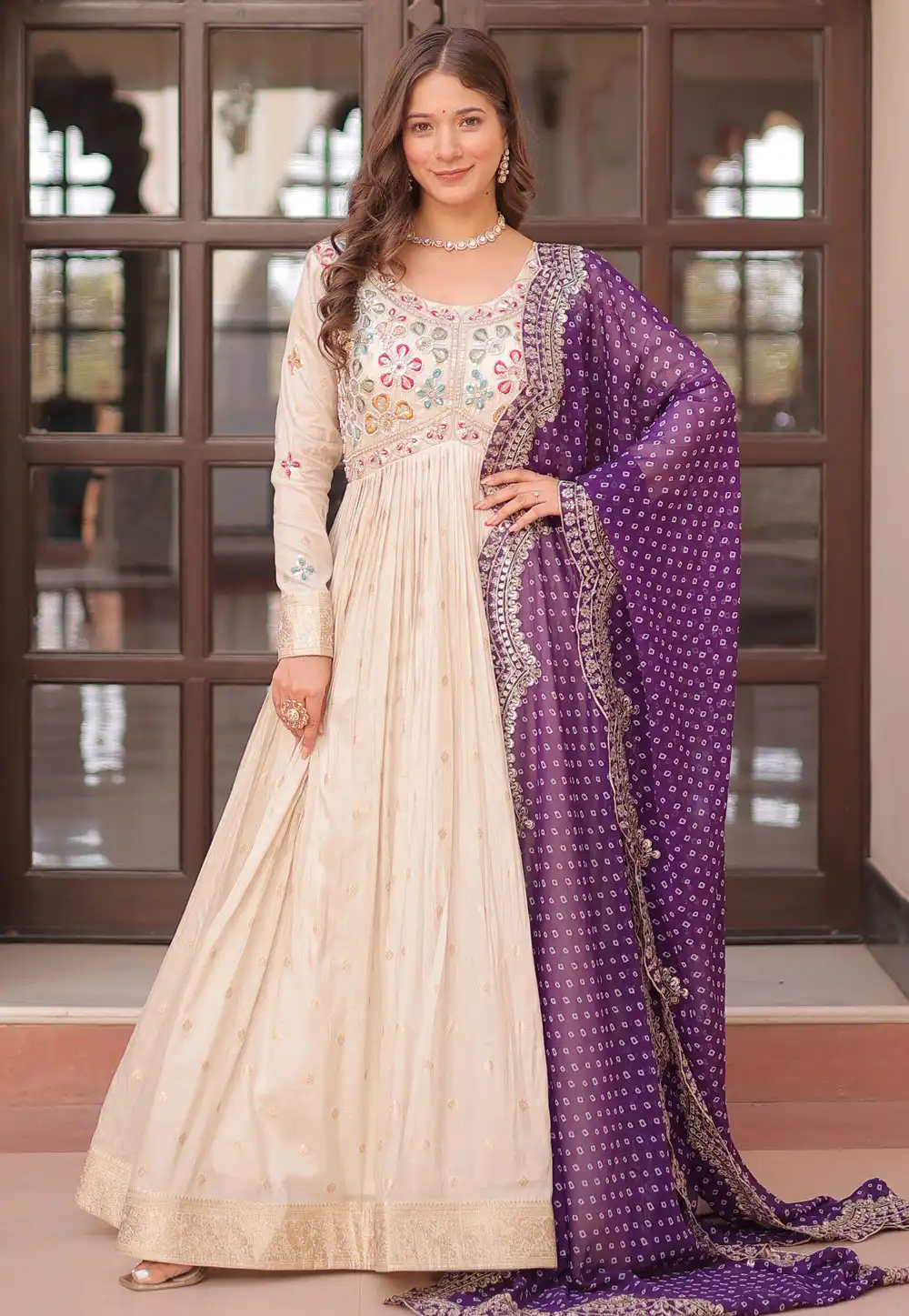 Cream Jacquard Readymade Anarkali Suit 312746