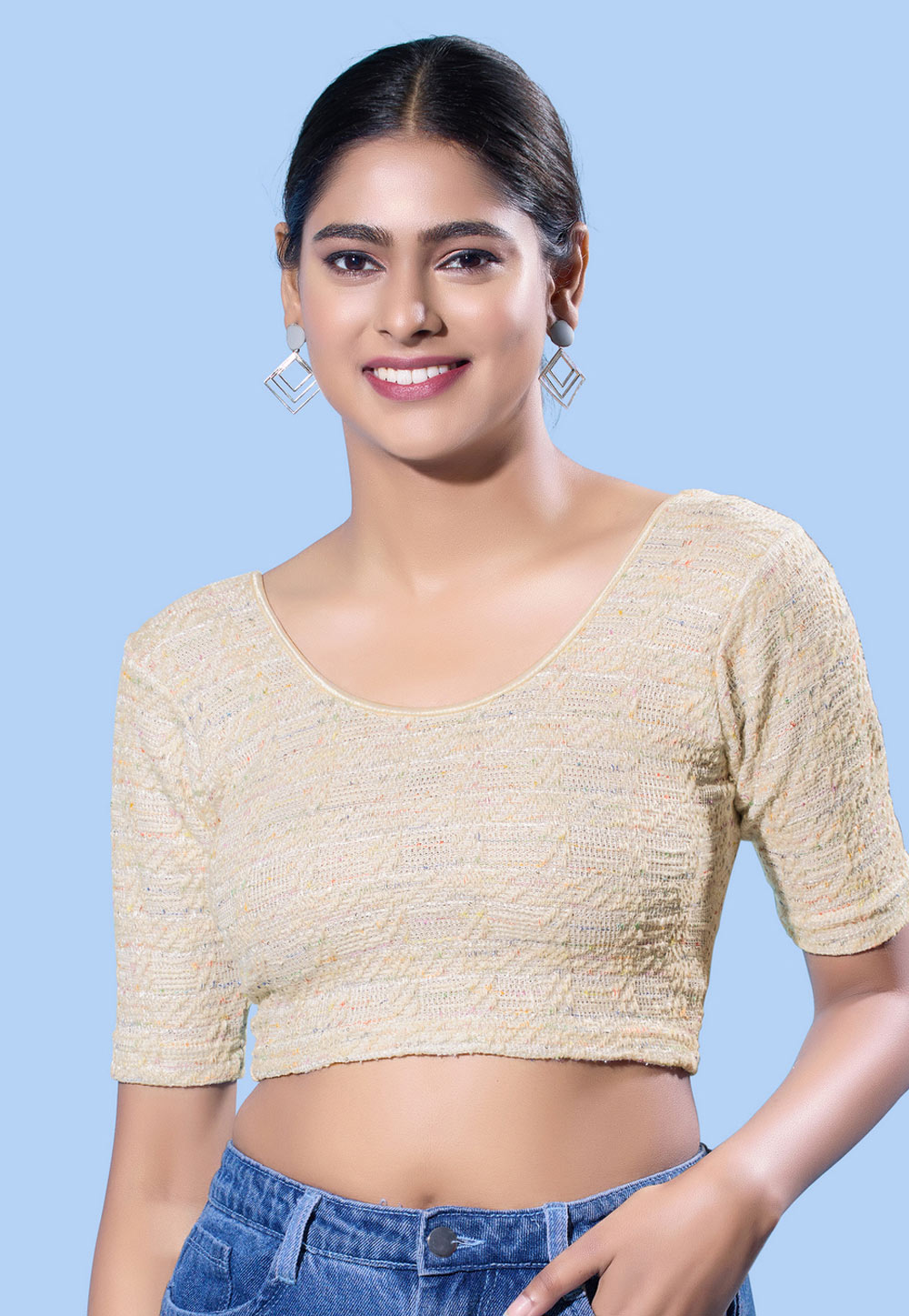 Cream Jacquard Readymade Blouse 324244