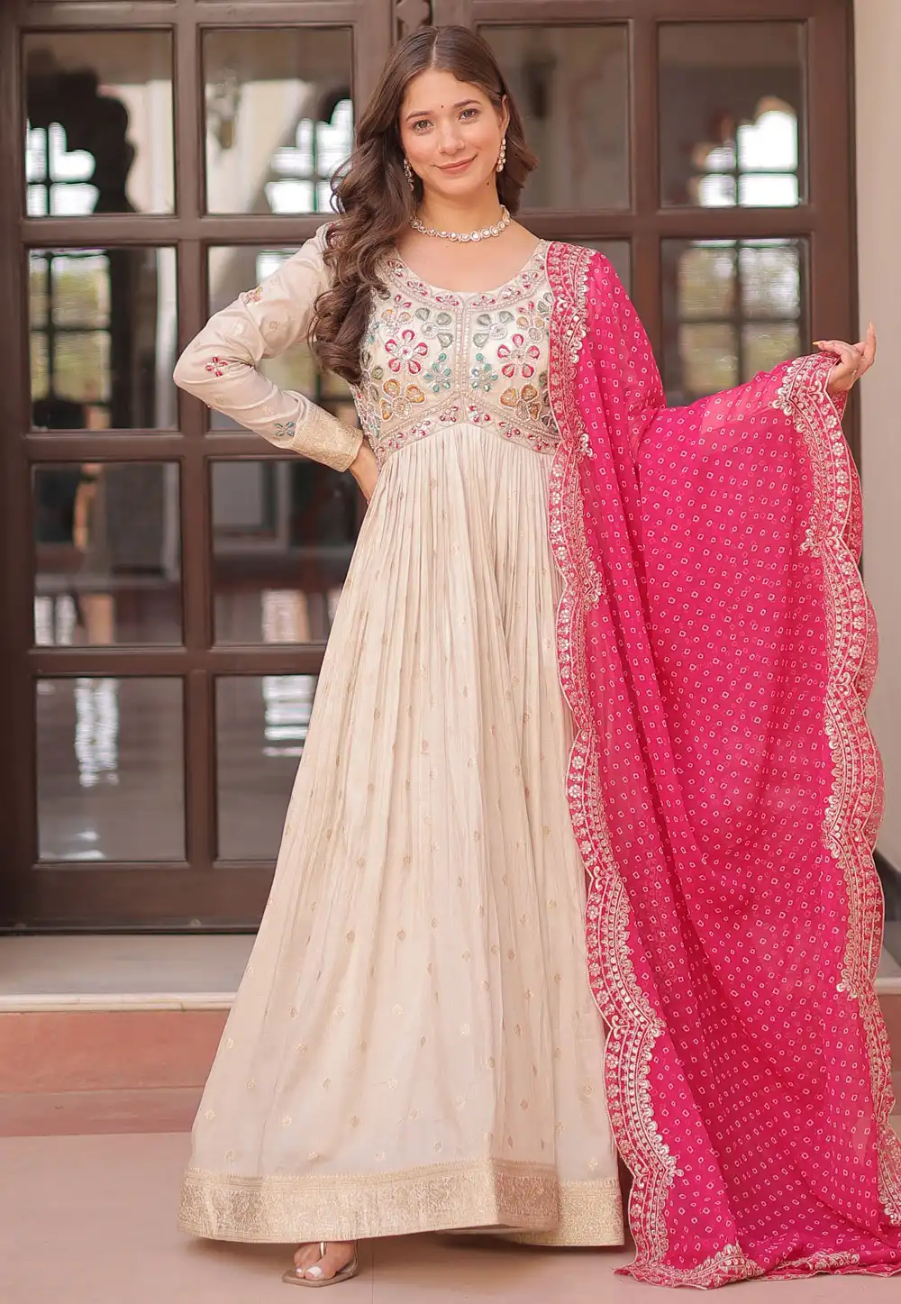 Cream Jacquard Readymade Long Anarkali Suit 312745