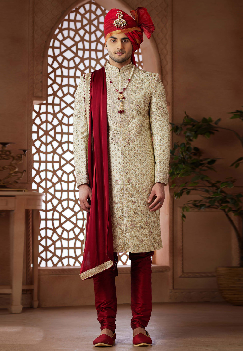 Cream Jacquard Sherwani 285805