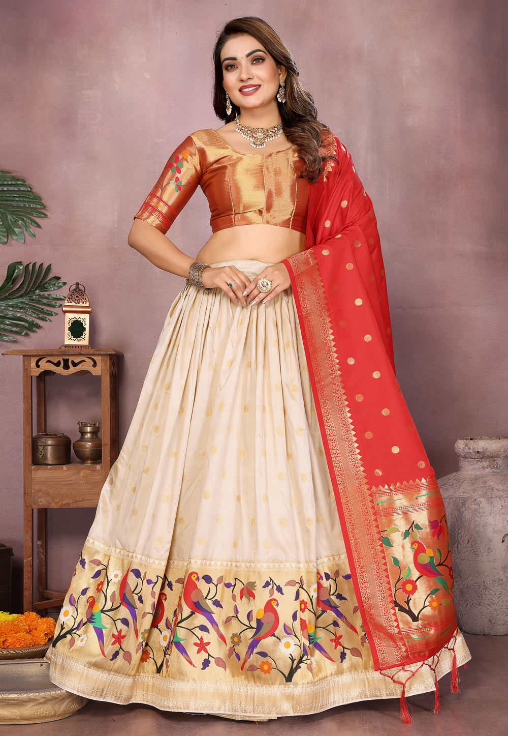 Cream Jacquard Silk Circular Lehenga Choli 320750
