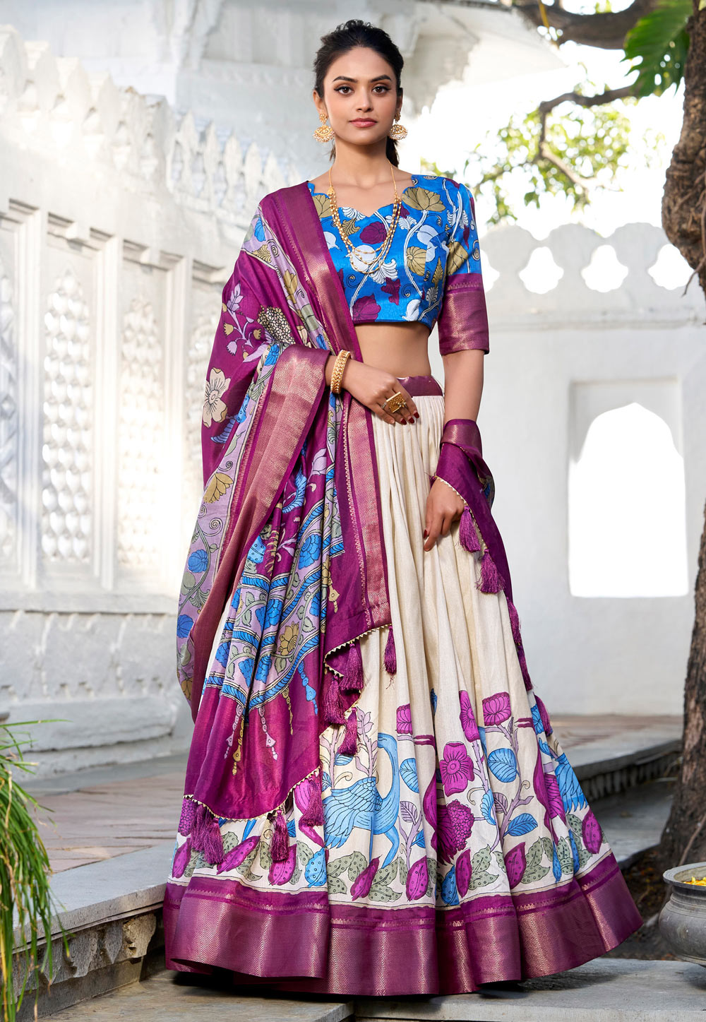 Cream Jacquard Silk Floral print Lehenga choli 312056