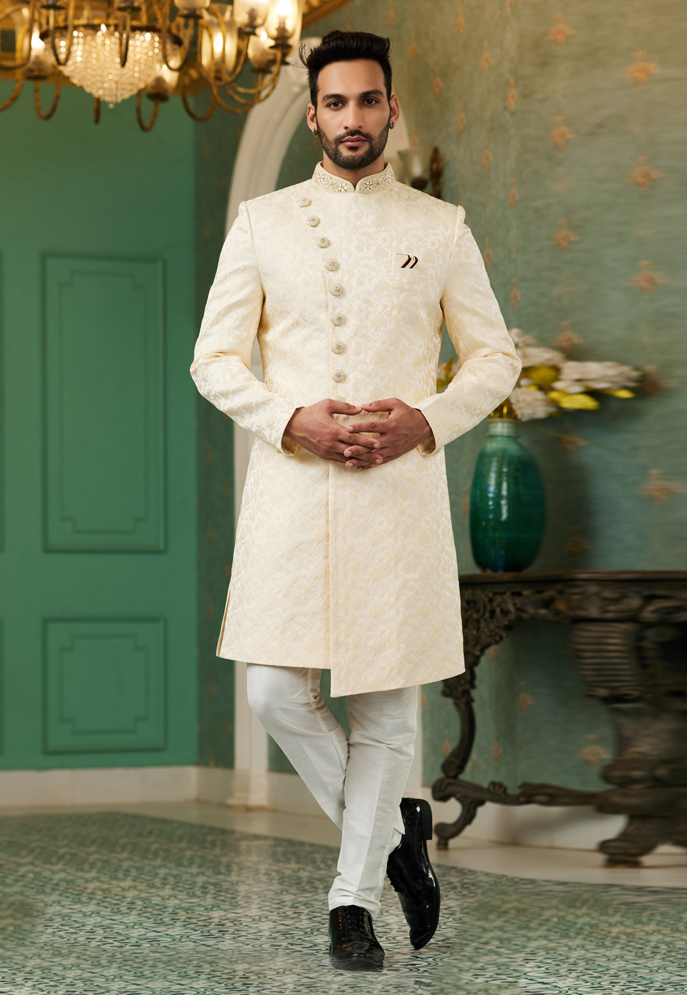 Cream Jacquard Silk Indo Western Sherwani 278302