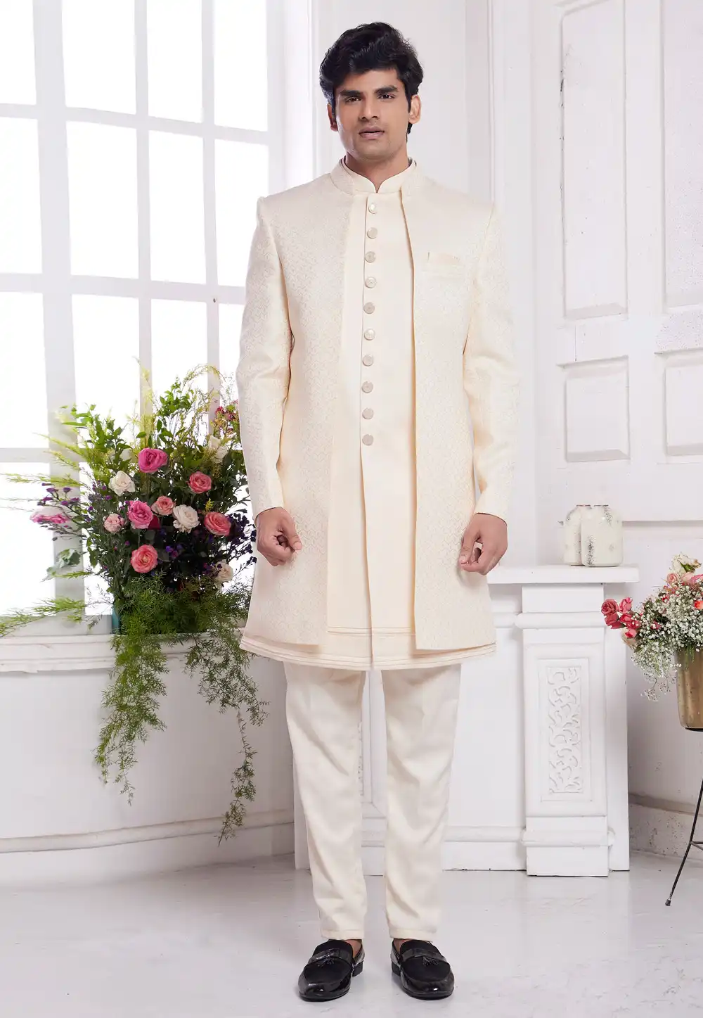 Cream Jacquard Silk Jacket Style Sherwani 308602