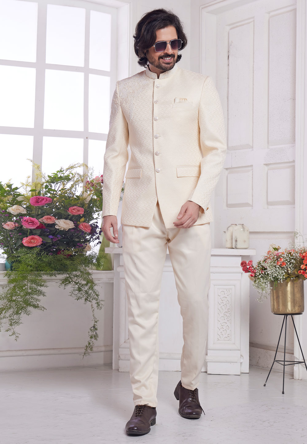 Cream Jacquard Silk Jodhpuri Suit 308613