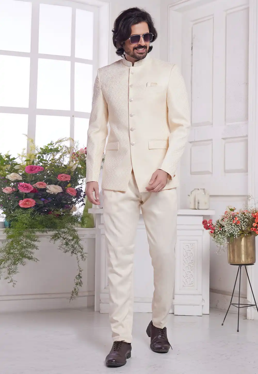 Cream Jacquard Silk Jodhpuri Suit 308613