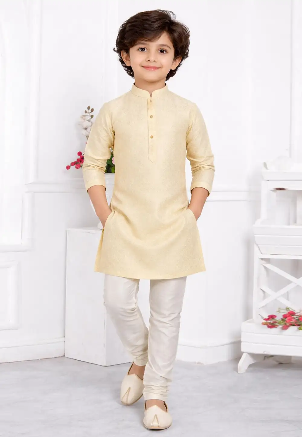 Cream Jacquard Silk Kids Kurta Pajama 330787