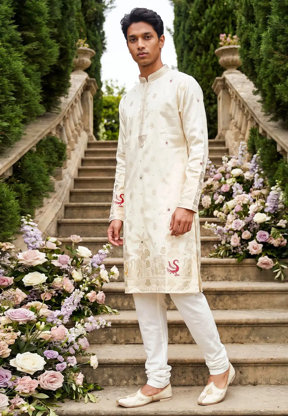 Cream Jacquard Silk Kurta Pajama 331107