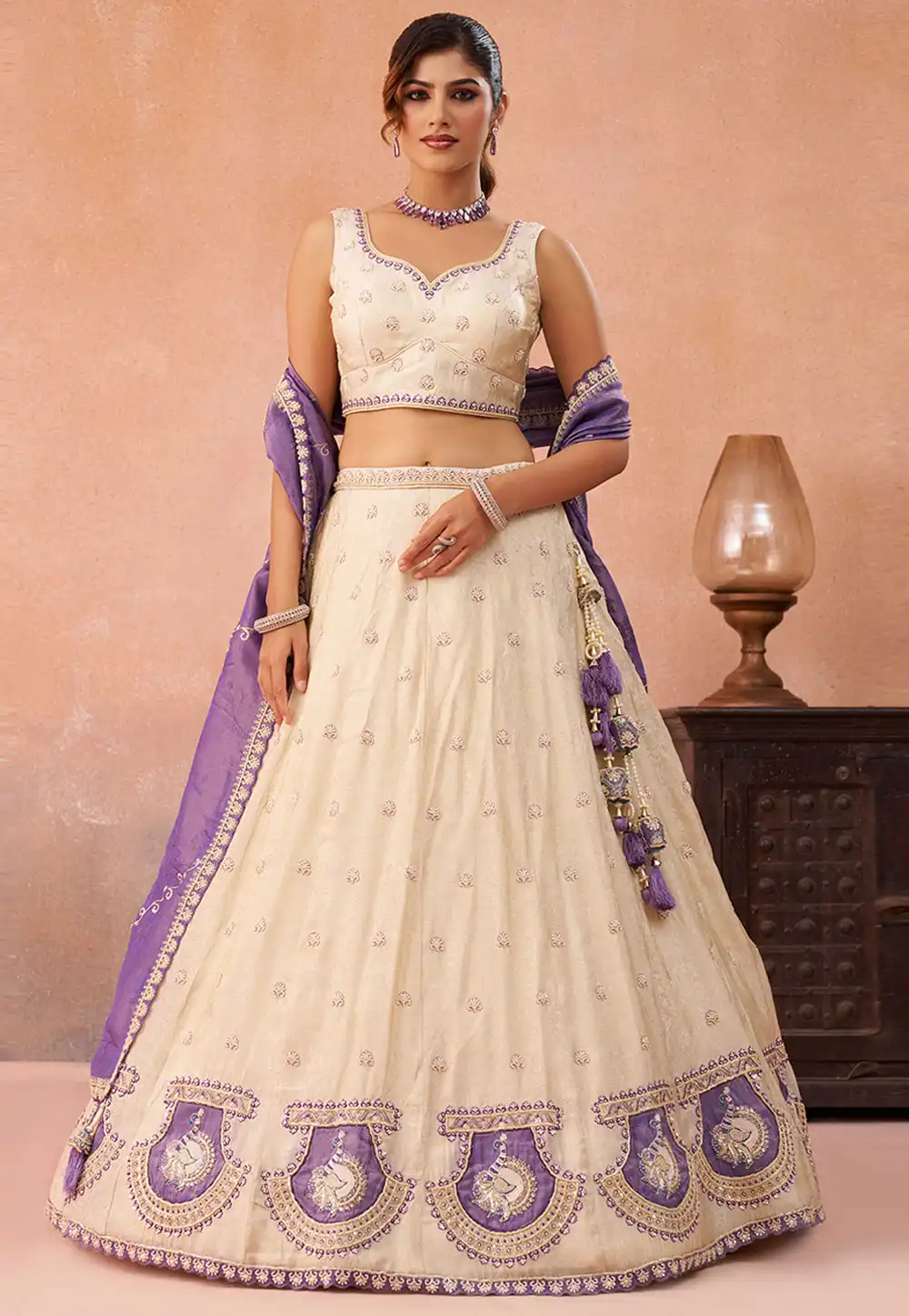 Cream Jacquard Silk Lehenga Choli 326147