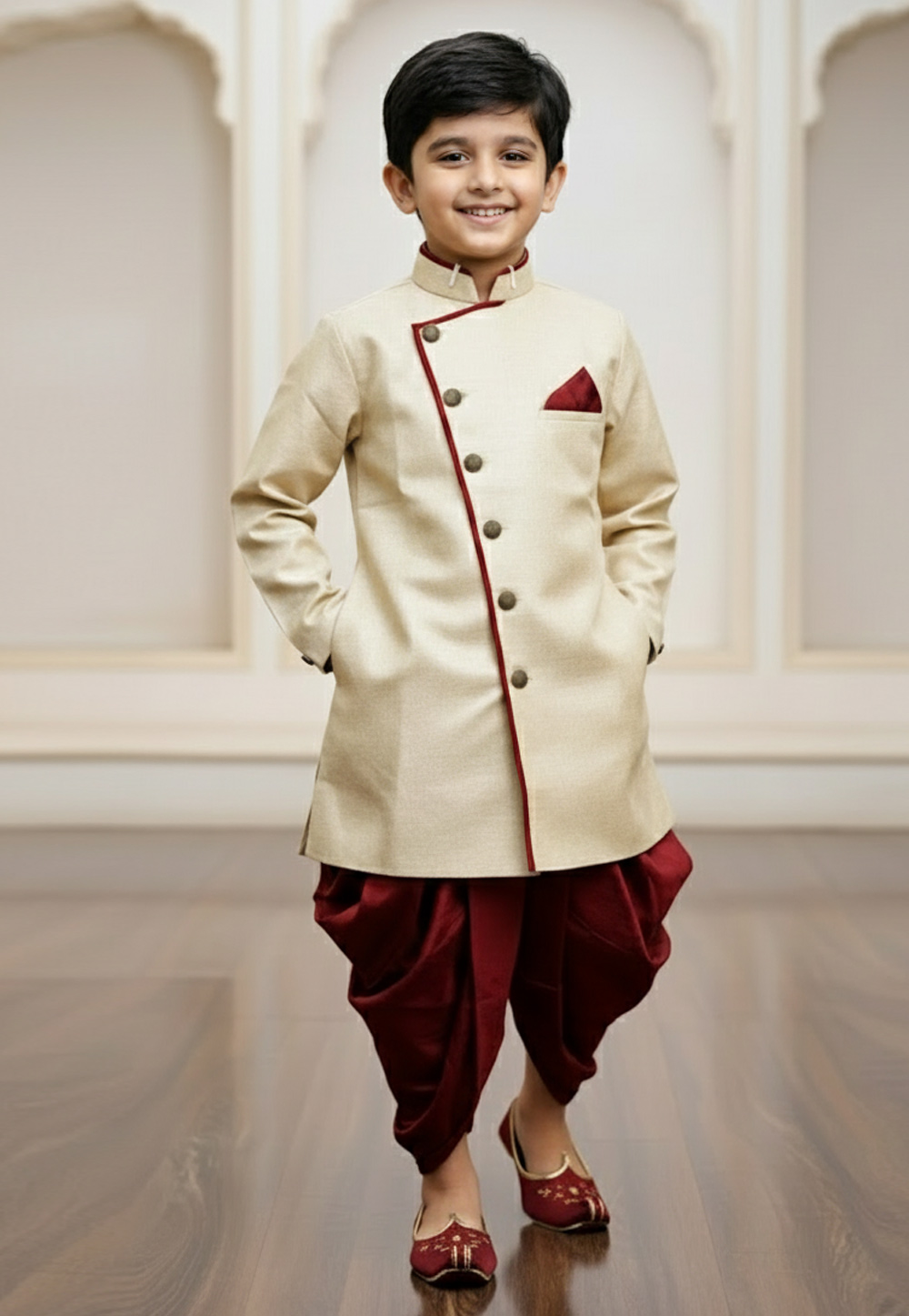 Cream Jute Silk Kids Indo Western Suit 319638