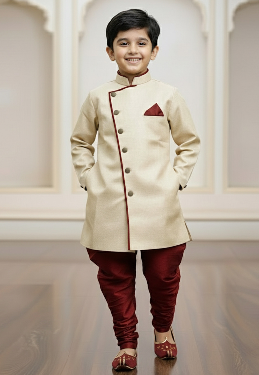 Cream Jute Silk Kids Indo Western Suit 319645