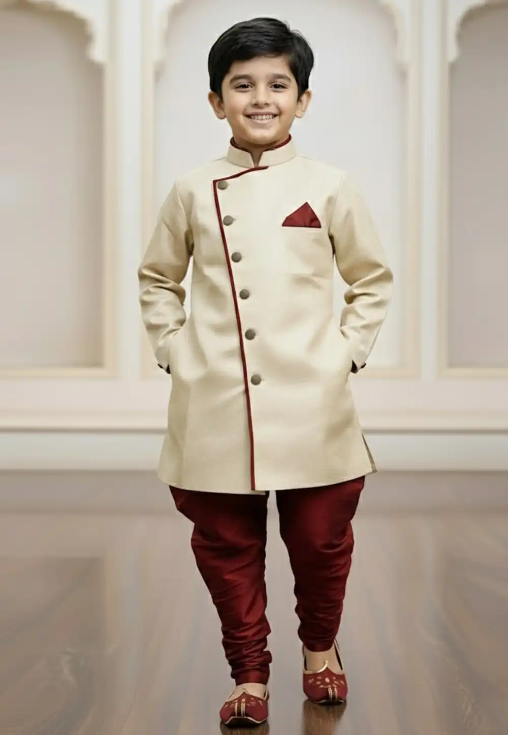 Cream Jute Silk Kids Indo Western Suit 319645