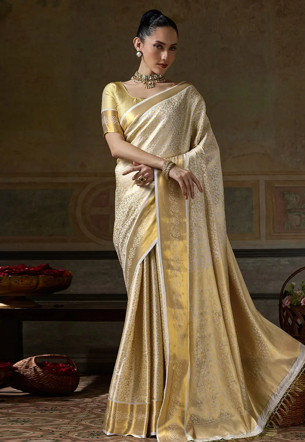 Cream Kanjivaram Silk Saree 335001