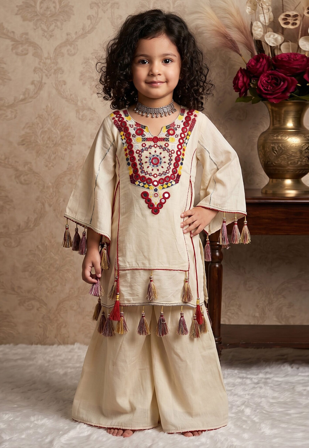 Cream Khadi Cotton Kids Palazzo Suit 329468