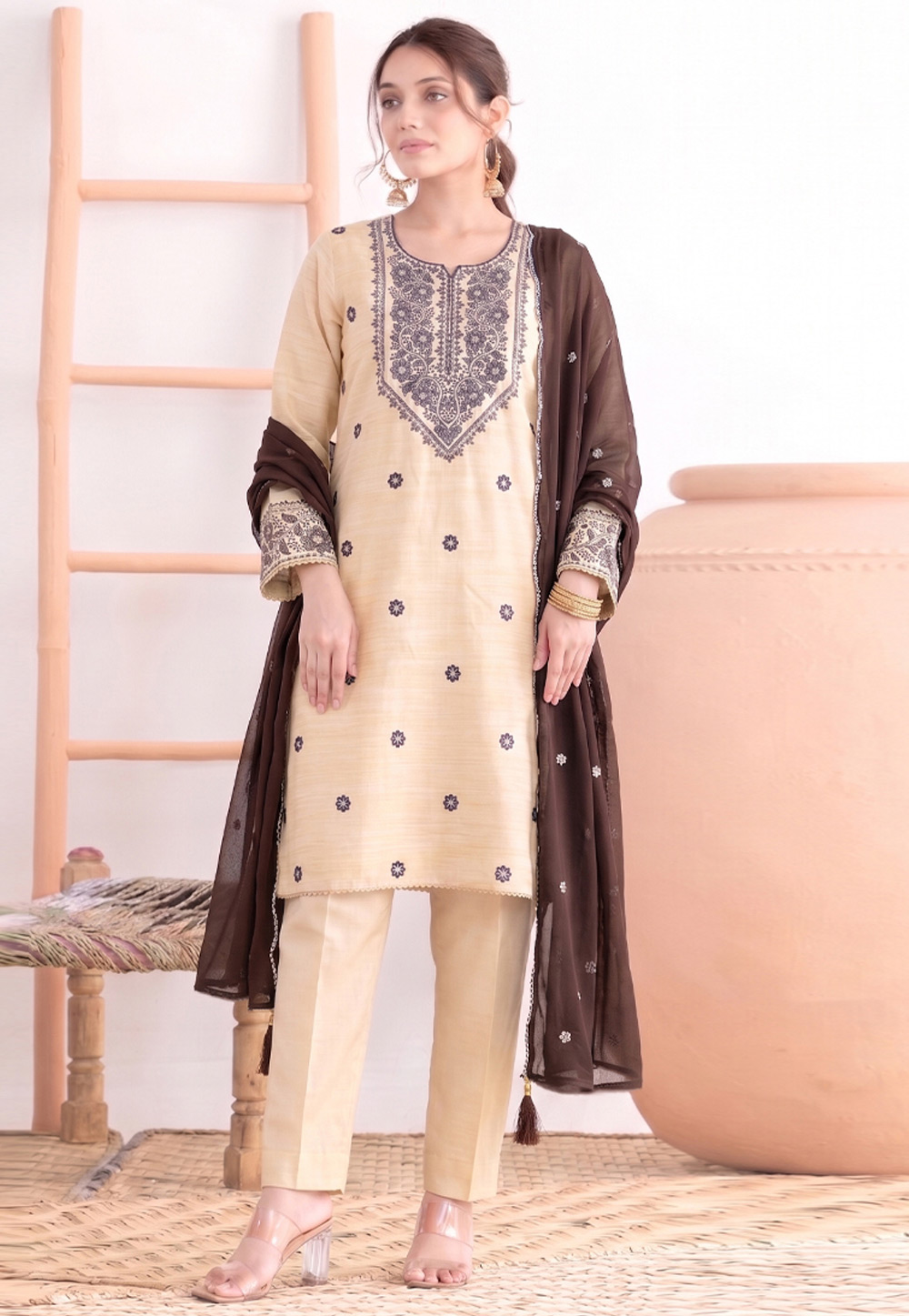 Cream Khadi Cotton Pakistani Suit 329763
