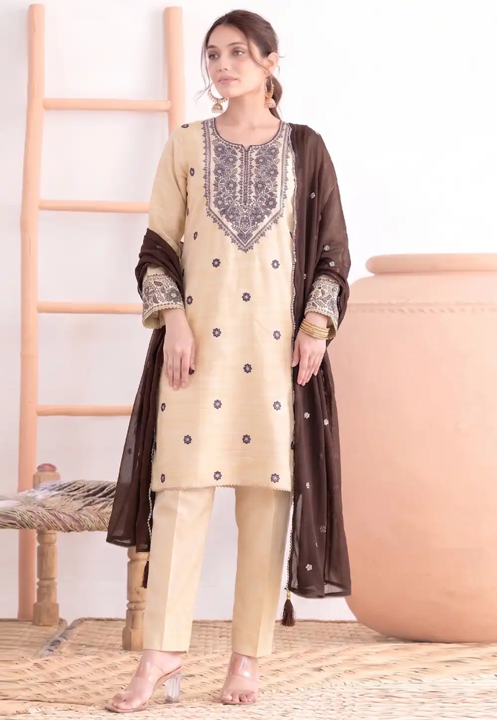 Cream Khadi Cotton Pakistani Suit 329763