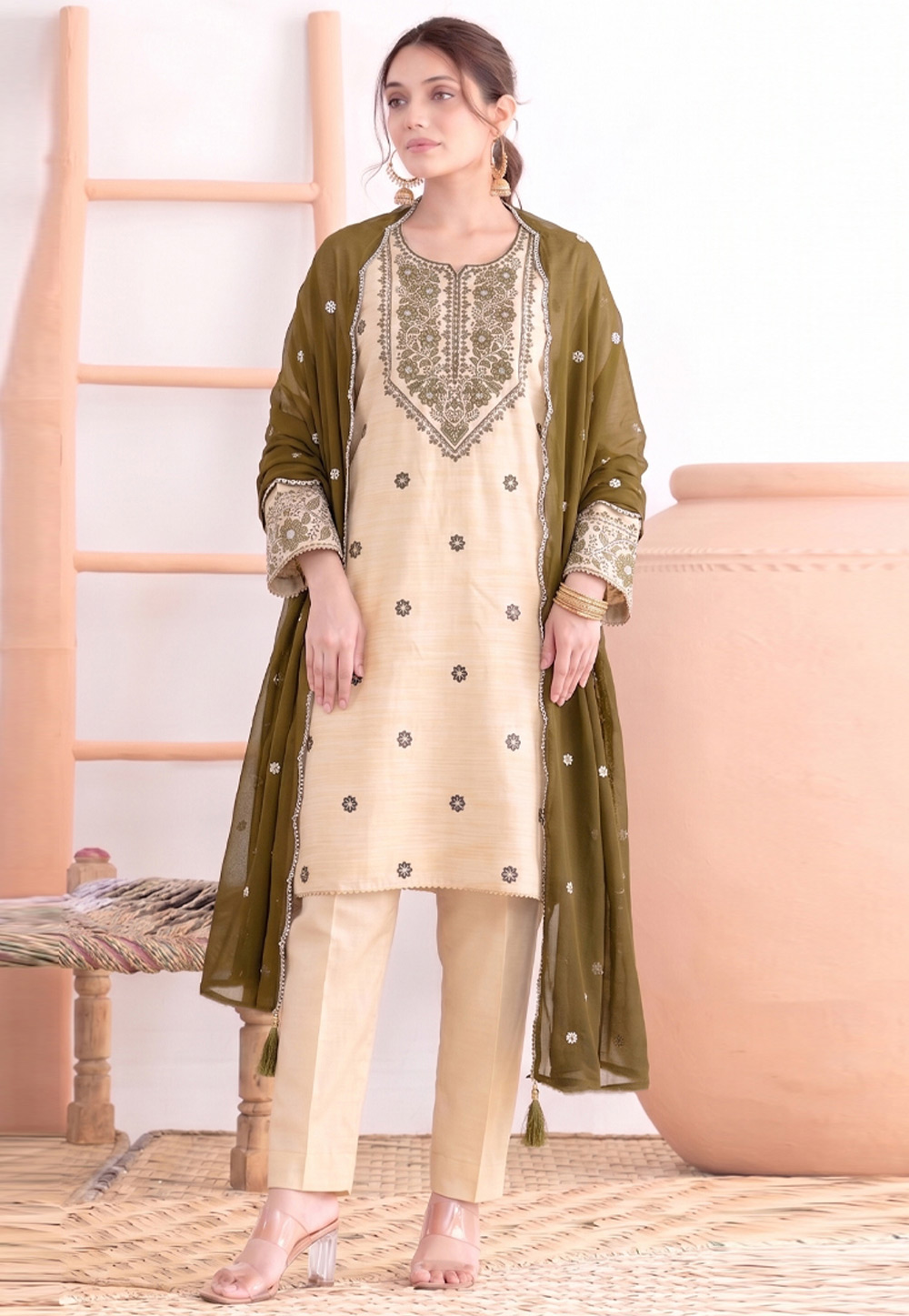 Cream Khadi Cotton Pakistani Suit 329765