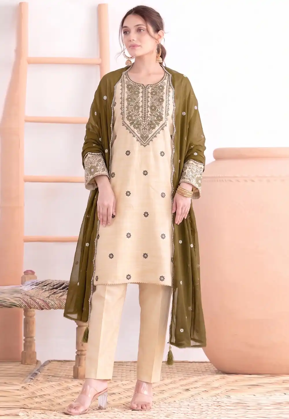 Cream Khadi Cotton Pakistani Suit 329765