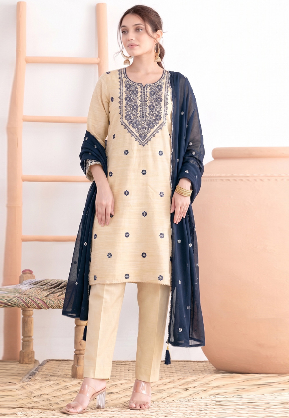 Cream Khadi Cotton Pant Style Suit 329762