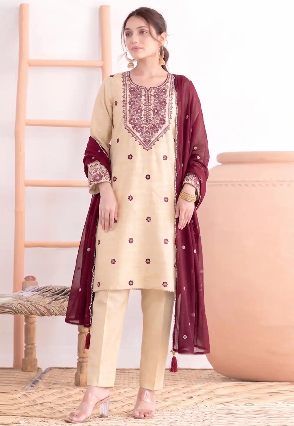 Cream Khadi Cotton Pant Style Suit 329764