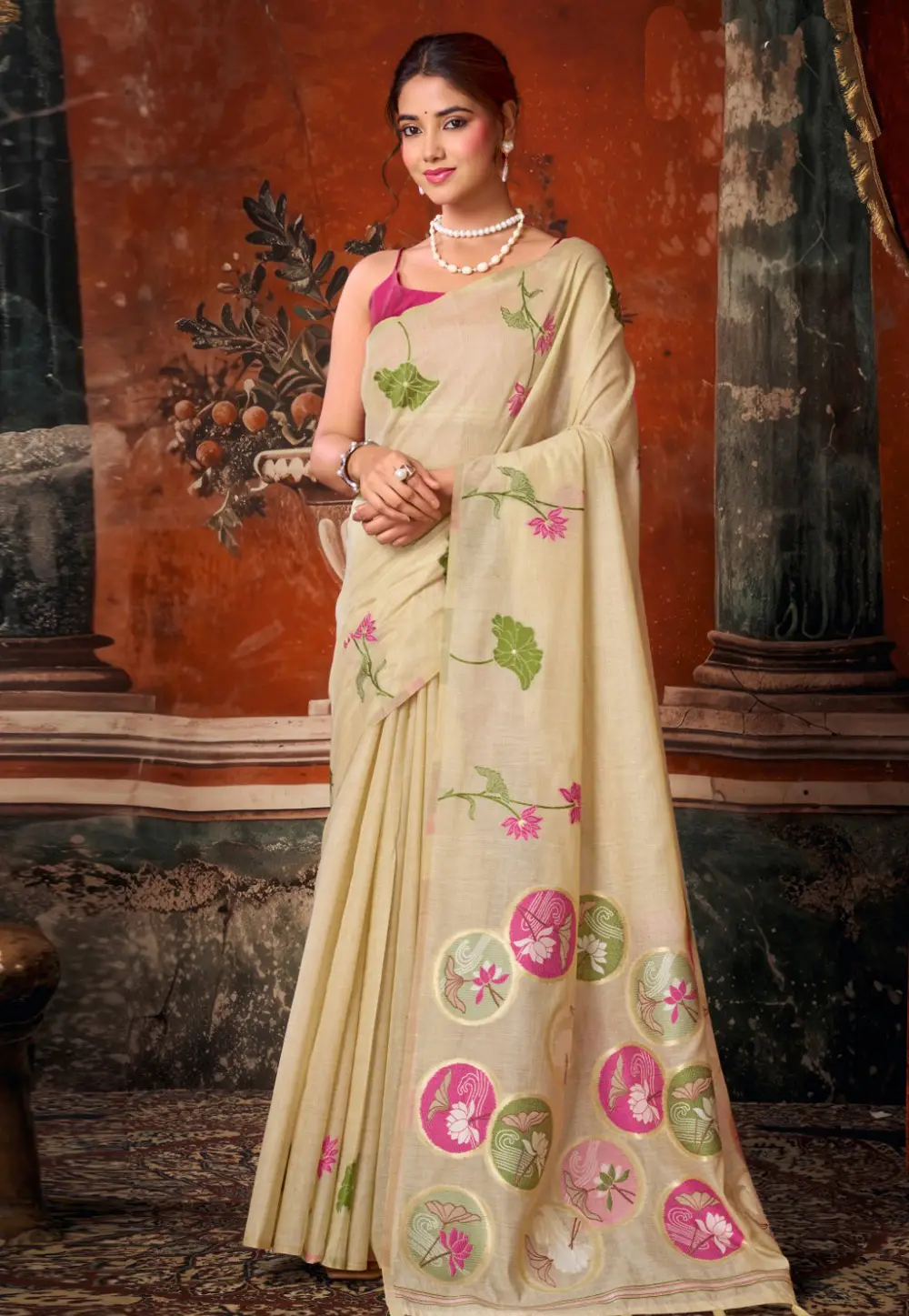 Cream Khadi Cotton Saree With Blouse 334134