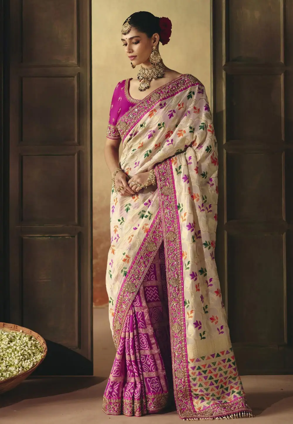 Cream Khadi Half N Half Saree 337226