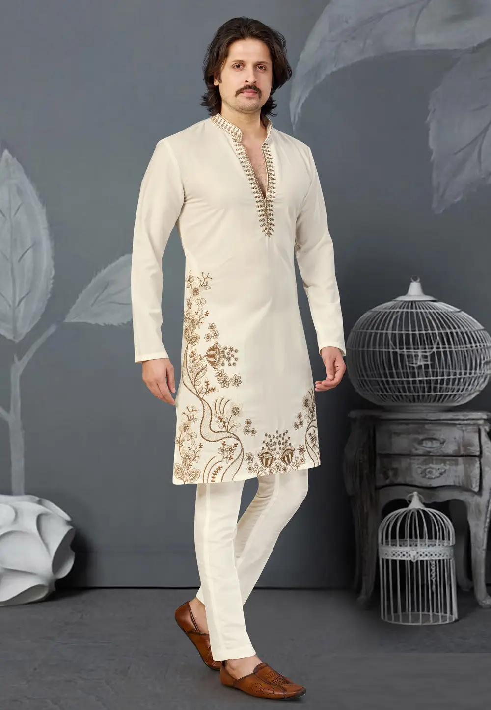 Cream Lachka Kurta Pajama 335944